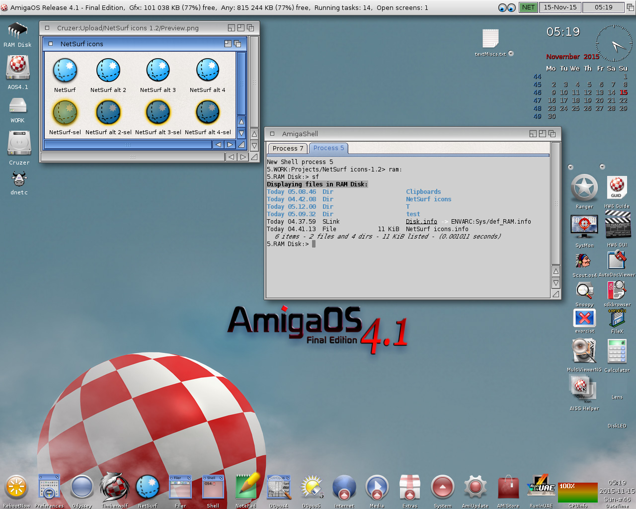 AmigaOS 4.1 FE-NetSurf icons and sf (ShowFiles) in tabbed Shell